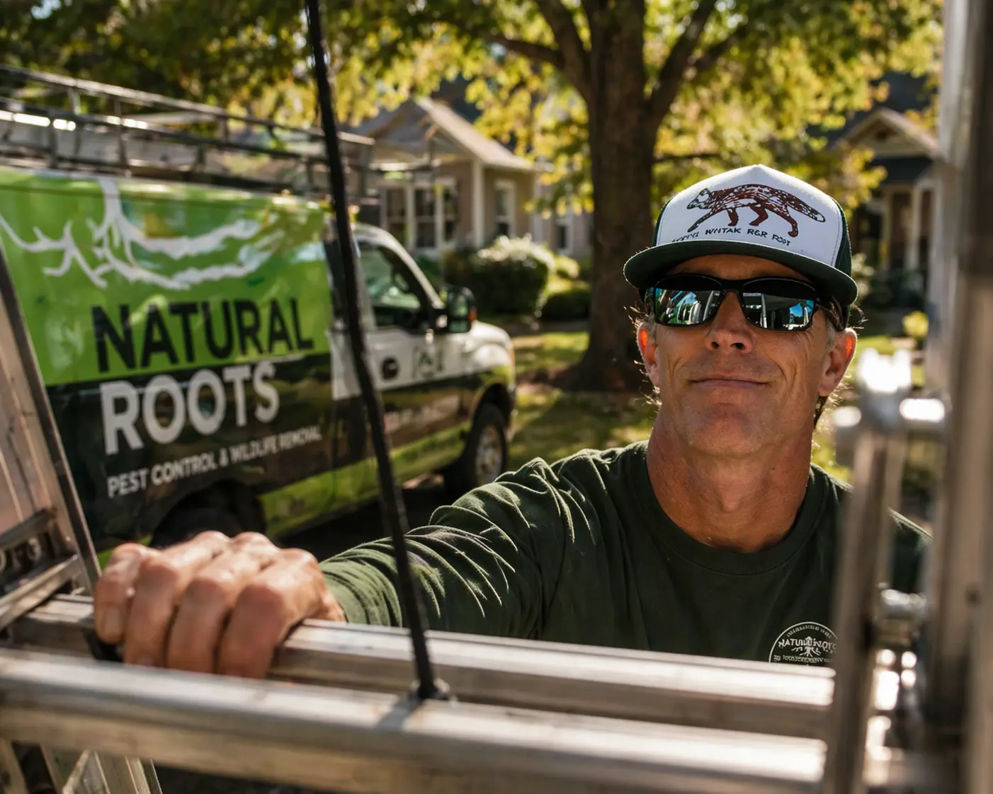 Natural Roots technician inspecting for wildlife entry points