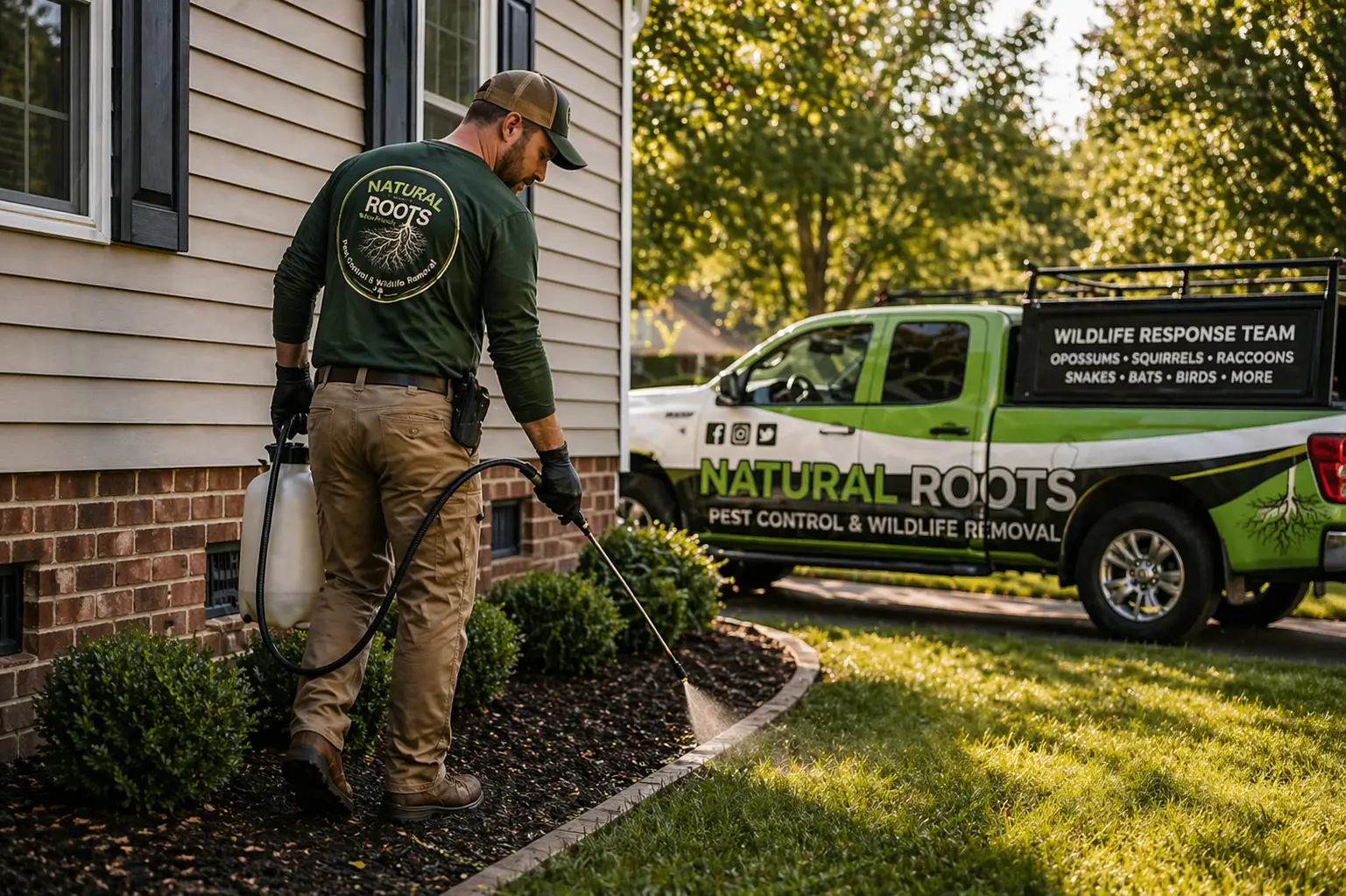 Natural Roots technician applying outdoor pest treatment